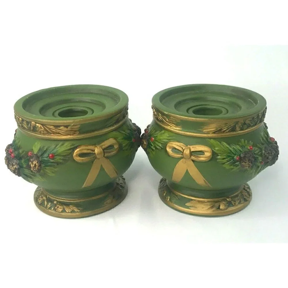 Napcoware Napco Taper Candle Holder Set of 2 Green Vtg MCM Christmas Pinecone